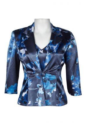 Alex Evenings V-Neck Floral Satin Top with Buttoned Front Jacket (Petite)