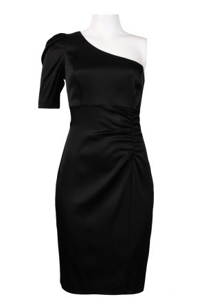 Donna Ricco One Shoulder Puff Sleeve Satin Sheath Dress
