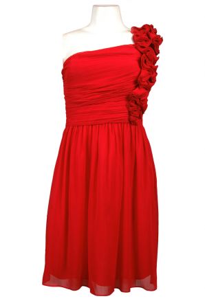 Ellen Tracy One Shoulder Ruched Chiffon Dress with Rosettes