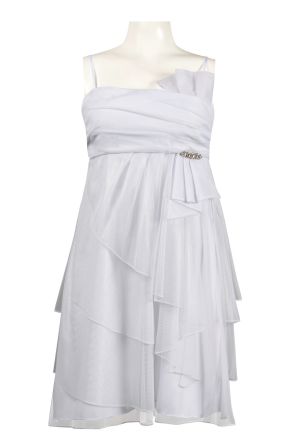 Hailey by Adrianna Papell Straight Neckline Layered Mesh Dress with Brooch Detail