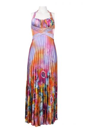 NV Couture Beaded Cutout Side Printed Accordion Pleat Chiffon Dress