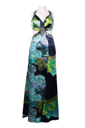 NV Couture Ruched Bodice Cutout Side Printed Chiffon Burnout Dress