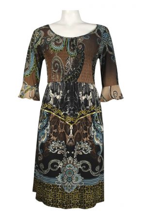 Signature by Robbie Bee Bell Sleeve Elastic Bodice Batik Print Jersey Dress