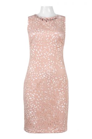 Cachet Embellished Neck Sleeveless Zipper Back Laser Cut Ponte Dress