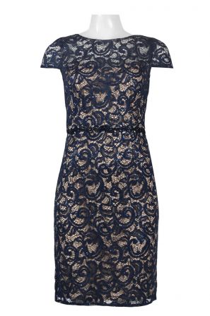 Cachet Boat Neck Cap Sleeve Zipper Back Embellished Waist Ornament Lace Dress