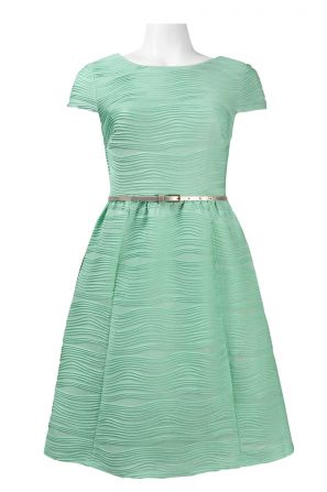 Jax Short Sleeve Textured Jersey A-Line Dress with Metallic Belt