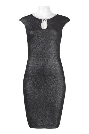 Jax Embellished Boat Neck Cap Sleeve Keyhole Zipper Back Bodycon Metallic Matelasse Dress