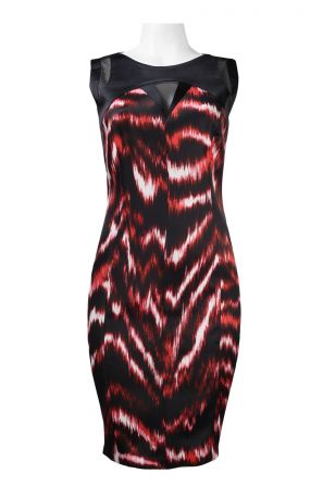 Jax Boat Neckline Mesh Insert Abstract Print Satin Sheath Dress