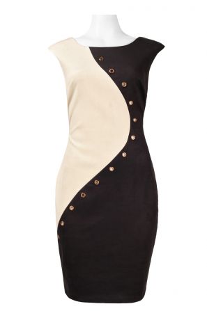 Jax Boat Neck Cap Sleeve Zipper Back Color Block Grommet Detail Suede Dress 