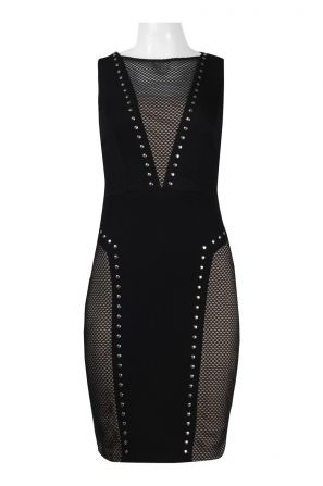 Jax Boat Neck Sleeveless Illusion Zipper Back Bodycon Silver Stud Mesh Crepe Dress