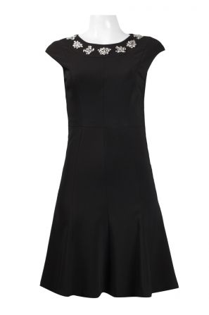 Jax Embellished Crew Neck Cap Sleeve Zipper Back Fullter Solid Crepe Dress