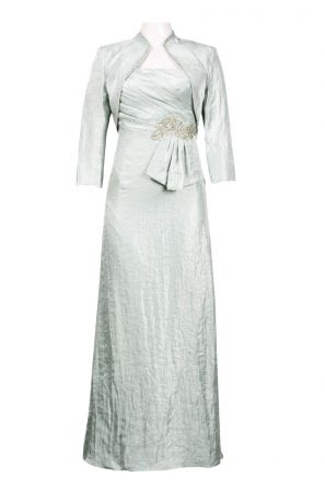 Jessica Howard Pleated Bodice Appliqué Detail Iridescent Satin Dress with Open Bolero Jacket