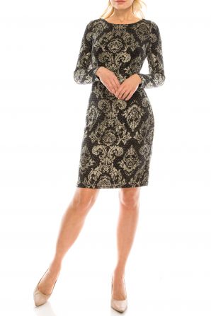 Jessica Howard Silver Combo Metallic Damask Printed Fitted Dress