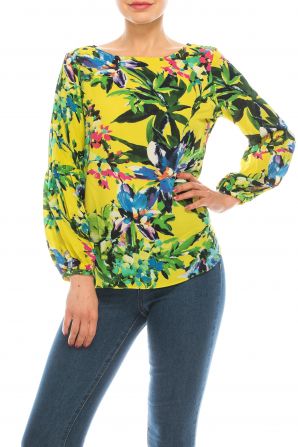 Jessica Rose Gold Green Floral Print Boatneck Bishop Sleeve Blouse