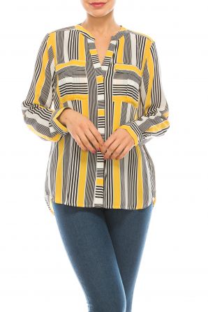 Jessica Rose Black Yellow Multi Stripe Split Neck Button Up Blouse
