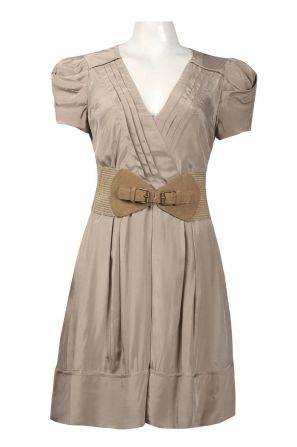 Jessica Simpson Puff Sleeve Pleated Front Belted Viscose Dress