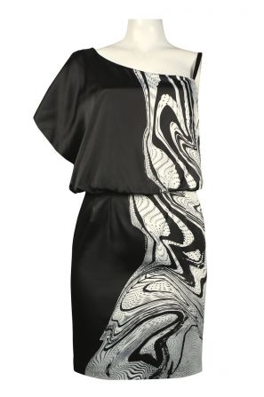 Jessica Simpson Asymmetrical Shoulder Abstract Print Satin Blouson Dress