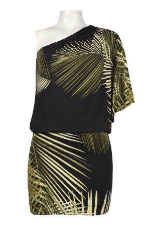 Jessica Simpson Asymmetrical Dolman Sleeve Palm Leaf Print Jersey Blouson Dress