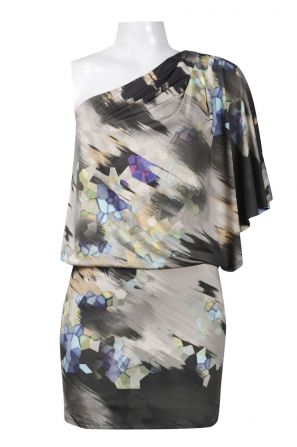 Jessica Simpson One Shoulder Flutter Sleeve Printed Jersey Blouson Dress