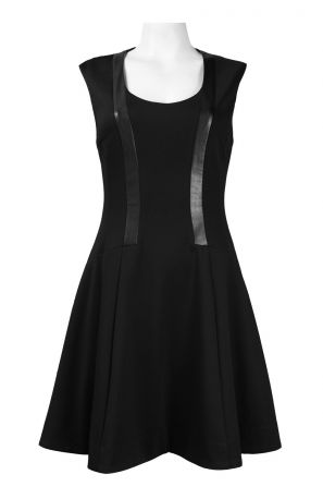 Jessica Simpson U-Shaped Neckline Faux Leather Trim Ponte Skater Dress