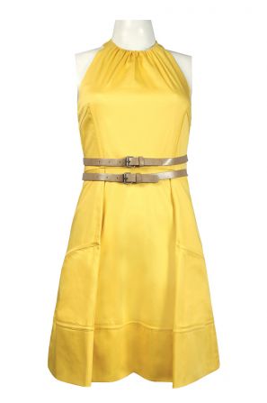 Jessica Simpson Cutaway Shoulder Ruched Neckline Double Strap Belt Cotton Dress