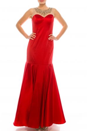 Joanna Chen Embellished Illusion Neck Sleeveless Zipper Back Mermaid Taffeta Dress