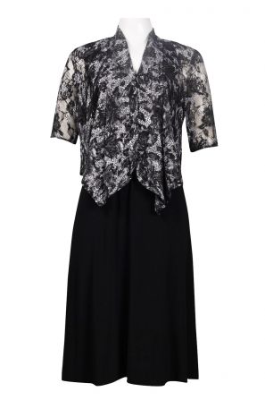 K Studio U-Neckline Buckle Detail Jersey Dress with Flutter Hem Floral Lace Jacket