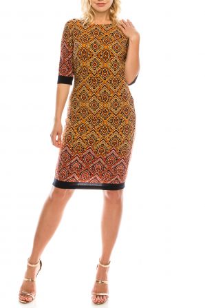 Kalijati Burnt Orange Navy Printed Sheath Dress