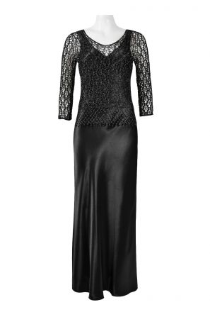 Karen Miller V-Neckline Sleeveless Satin Dress with 3/4 Sleeve Knit Beaded Lace Top