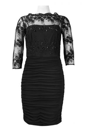 Karen Miller Elbow Floral Sleeve Ruffled Illusion Neckline Shirred Jersey Dress