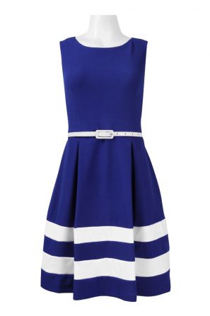 Karin Stevens Boat Neck Sleeveless Belted Box Pleat Crepe Dress