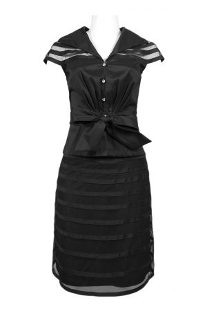 Karen Miller Collared Bow Tie Waist Mesh Insert Two Piece Dress