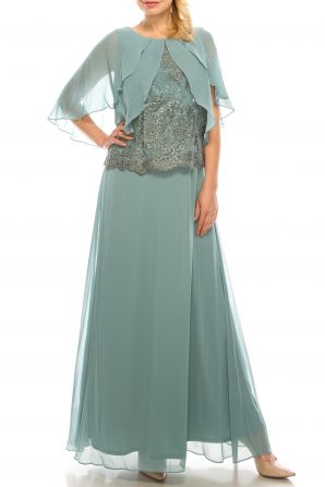 Le Bos Cool Sage Mesh & Chiffon Long Evening Cape Dress
