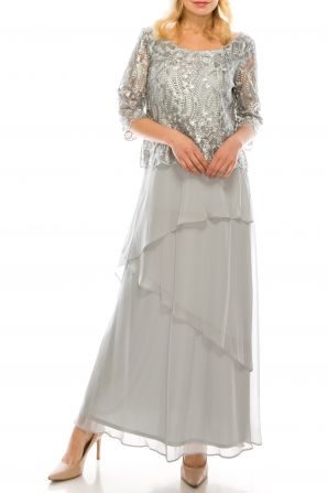 Le Bos Silver Sequined Embroidered Mesh & Chiffon Long Evening Dress