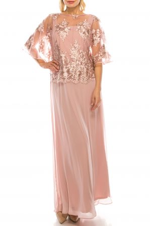 Le Bos Rose Evening Gown with Embroidered Mesh Overlay Top
