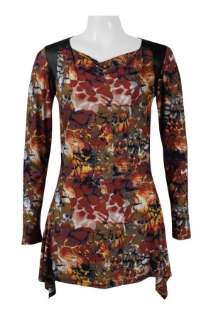 Carre Noir Cowl Neck Long Sleeve Multi Print Jersey & Faux Letaher Top
