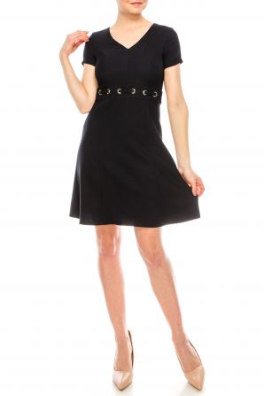 London Times Navy Short Sleeve A-Line Dress