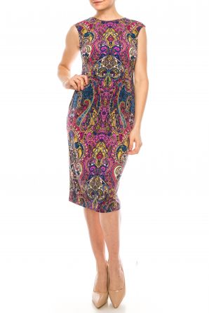 London Times Purple Multi Paisley Print Sheath Midi Dress