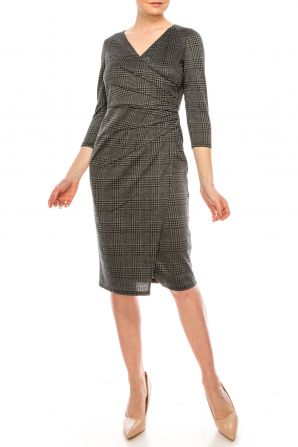 London Times Grey Black Houndstooth Plaid Print 3/4 Sleeve Dress