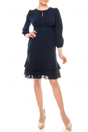 London Times Navy Long Sleeve Tiered Hem Dress