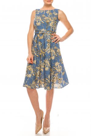 London Times Slate Blue Floral Print Sleeveless Midi Dress