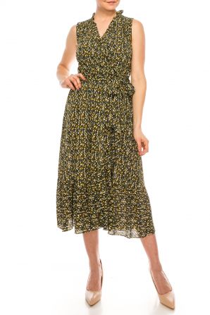 London Times Green Blue Floral Print Sleeveless Ruffle Faux Wrap Dress
