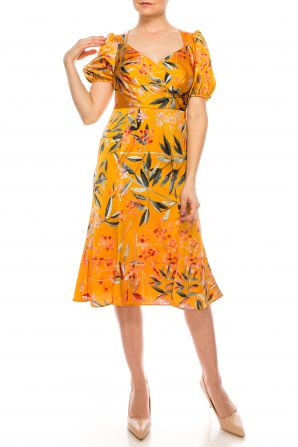 London Times Gold Floral Print Fit & Flare Dress