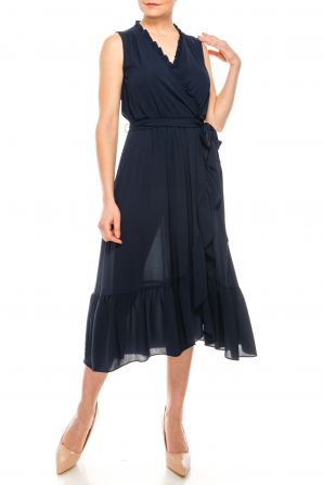 London Times Navy Sleeveless Ruffle Faux Wrap Dress