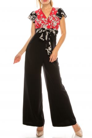 Gabby Skye Red Black Floral Printed Crepe Jersey Jumpsuit