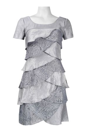 London Times Short Sleeve Scoop Neck Satin and Lace Shutter Pleat Dress