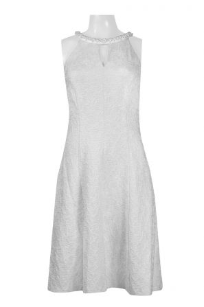 London Times Embroidered Neck Racerback Keyhole Front Zipper Back Ebroidered Crepe Dress