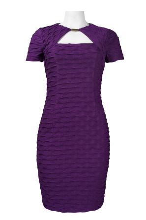 London Times Cutout Front Metal Detail Textured Jersey Mesh Sheath Dress