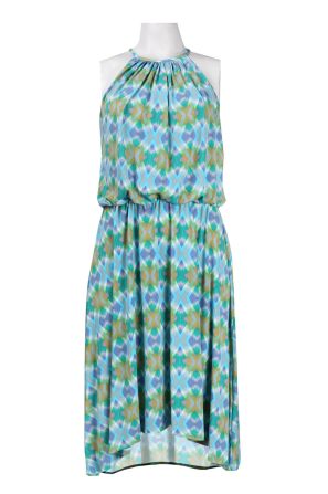 London Times Cutout Shoulder Multi Print High Low Jersey Blouson Dress
