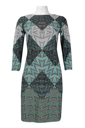 London Times Elbow Sleeve Bateau Neckline Abstract Diamond Pattern Jersey Dress